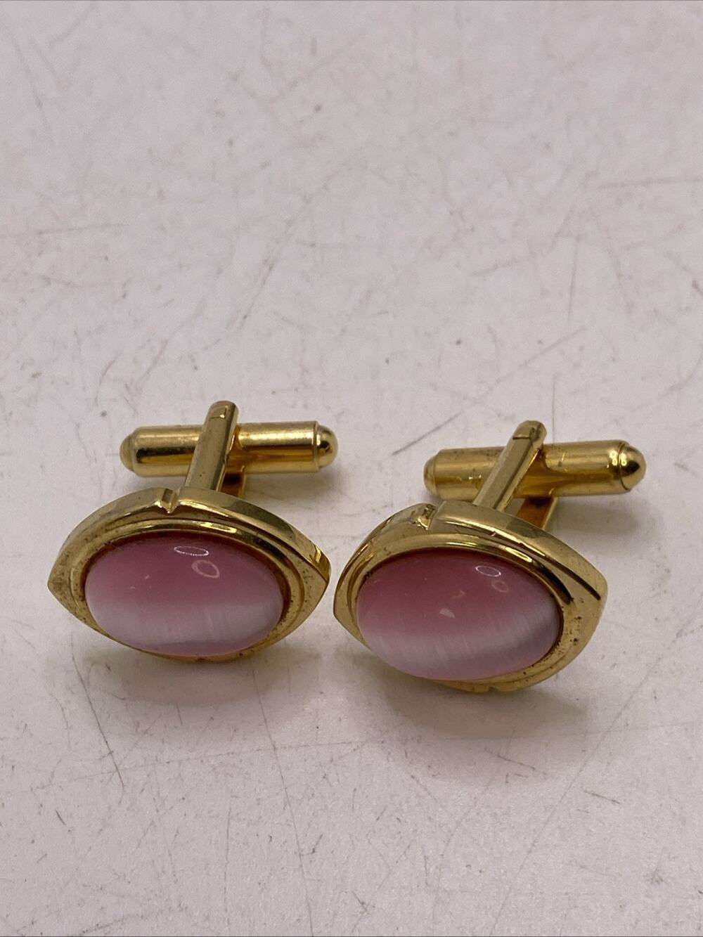 Mens Gold Tone Cuff Links Pink Tiger Eye Vintage Cufflinks